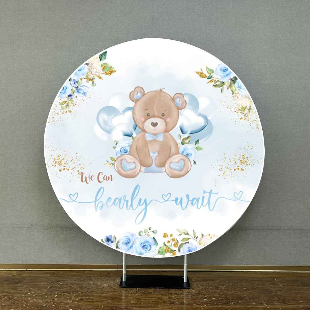 Mocsicka Blue Flowers We Can Bearly Wait Baby Shower Round Cover-Mocsicka Party