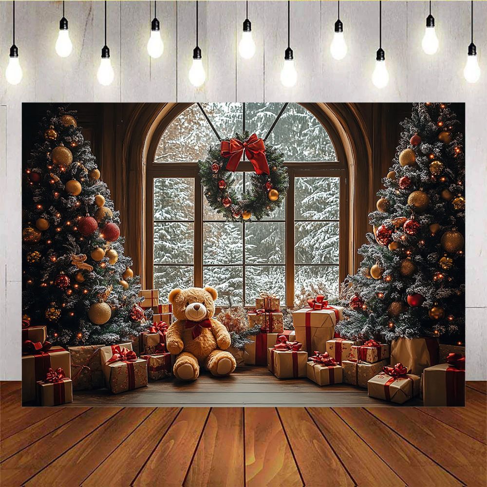 Mocsicka Christmas Tree Bear Gift Wreath Background – Mocsicka Party