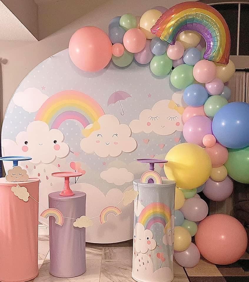 Mocsicka Umbrella Falling Hearts Rainbow White Clouds Round Cover Backdrop for Birthday Decoartion-Mocsicka Party