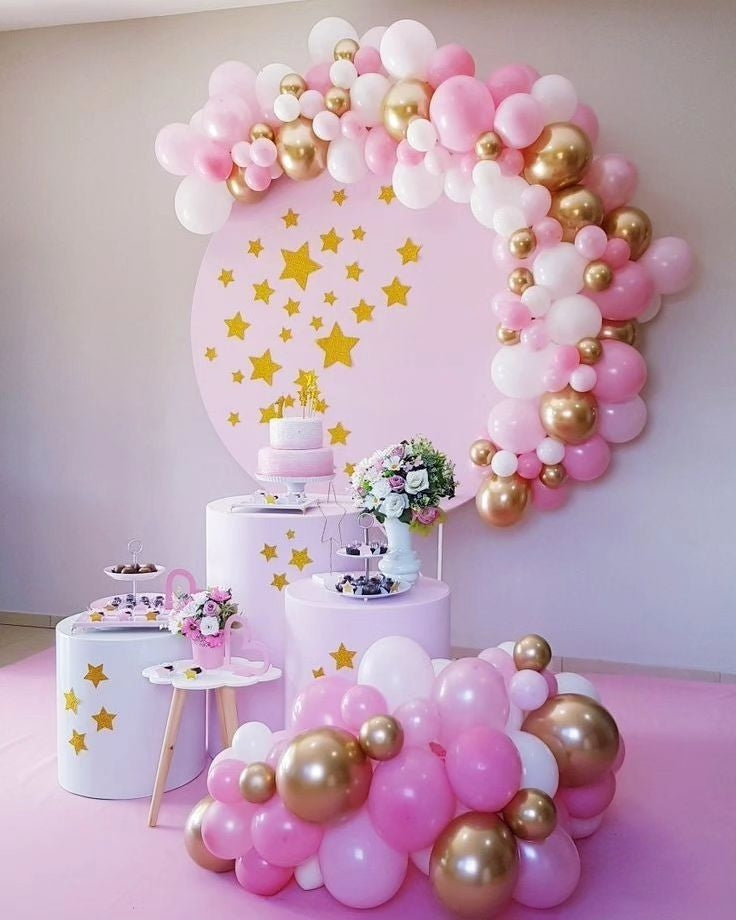 Mocsicka Pink and Gold Stars Happy Birthday Round cover and Cylinder Cover Kit for Party Decoration-Mocsicka Party