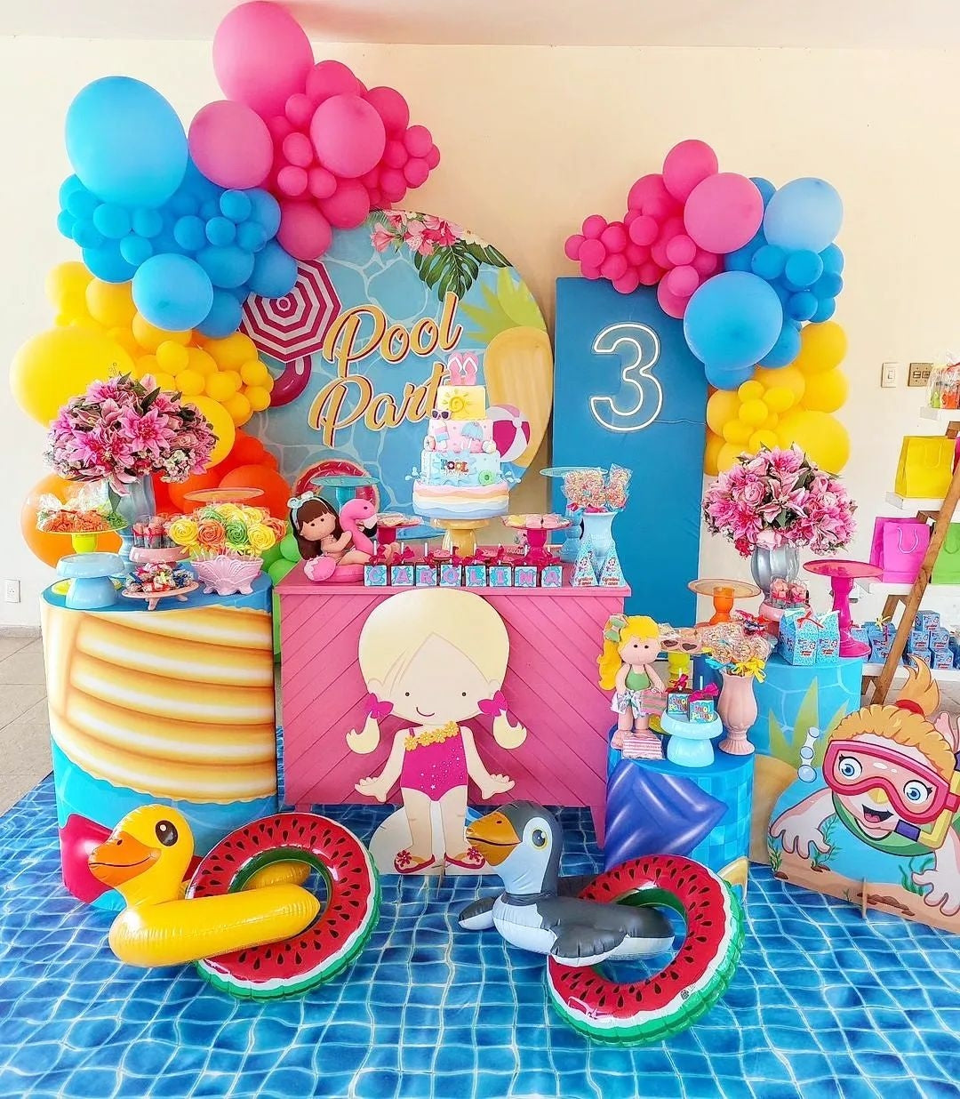 Mocsicka Summer Pool Party Happy Birthday Round cover and Cylinder Cover Kit for Party Decoration-Mocsicka Party