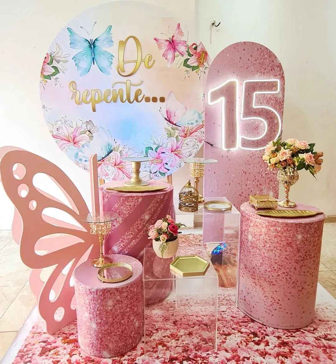 Mocsicka Butterfly Happy Birthday Round cover and Glitter Pink Cylinder Cover Kit for Party Decoration-Mocsicka Party