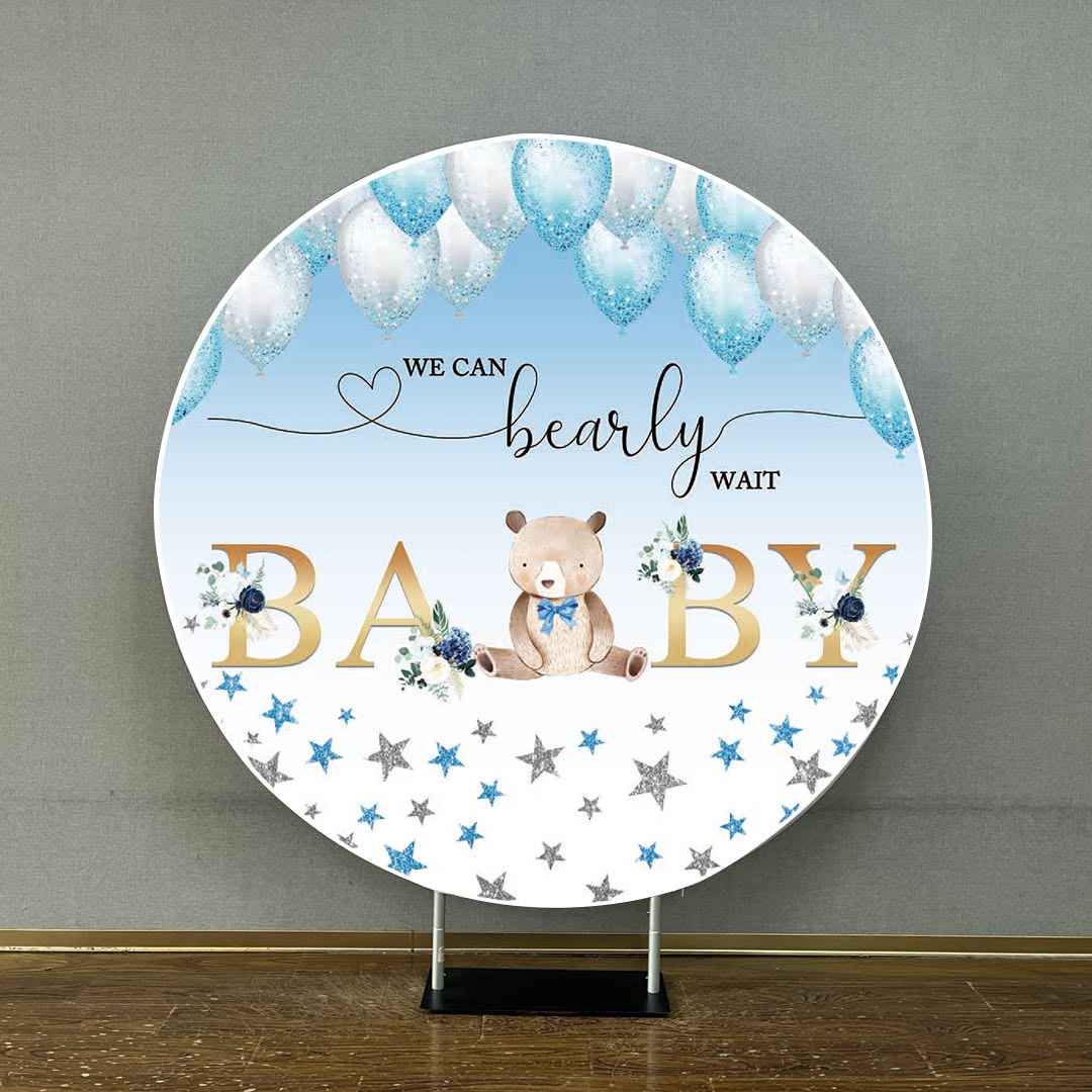 Mocsicka Balloons and Shining Stars We Can Bearly Wait Baby Shower Round Cover-Mocsicka Party