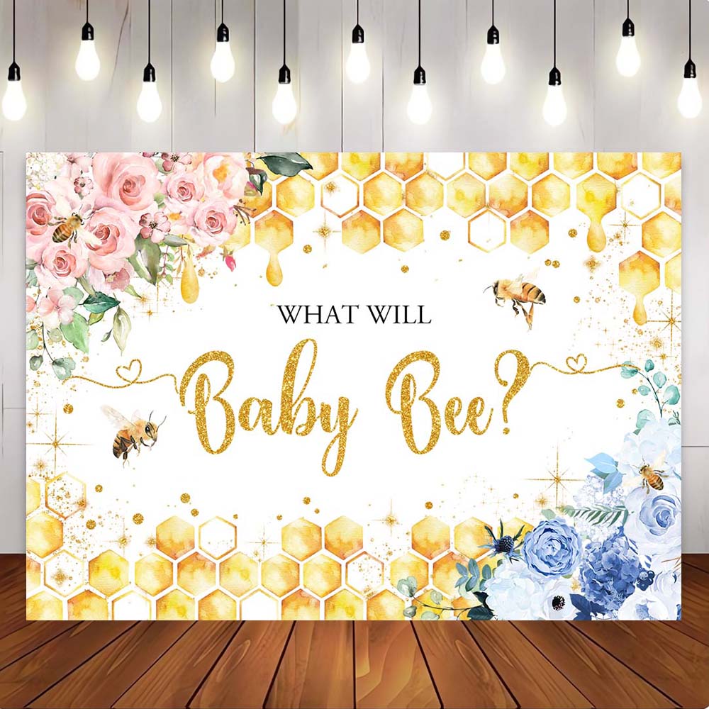 Mocsicka Pink and Royal Blue Flowers What Will Baby Bee Baby Shower Party Backdrop
