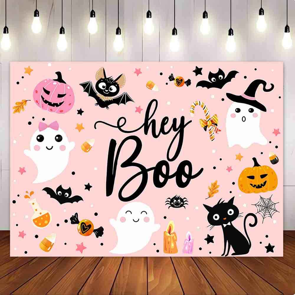 Mocsicka Pink Halloween Theme Hey Boo Baby Shower Party Backdrop-Mocsicka Party