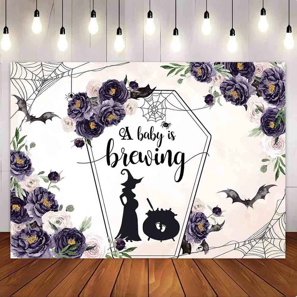 Mocsicka Dark Purple Flowers Halloween A Baby is Brewing Baby Shower Party Backdrop-Mocsicka Party