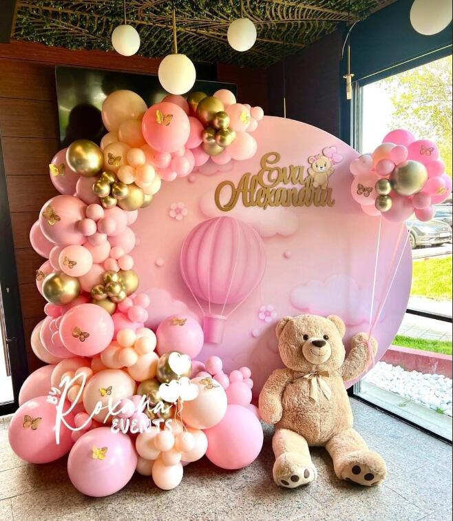 Mocsicka Pink Cloud Hot Air Balloon Happy Birthday Party Round Cover-Mocsicka Party