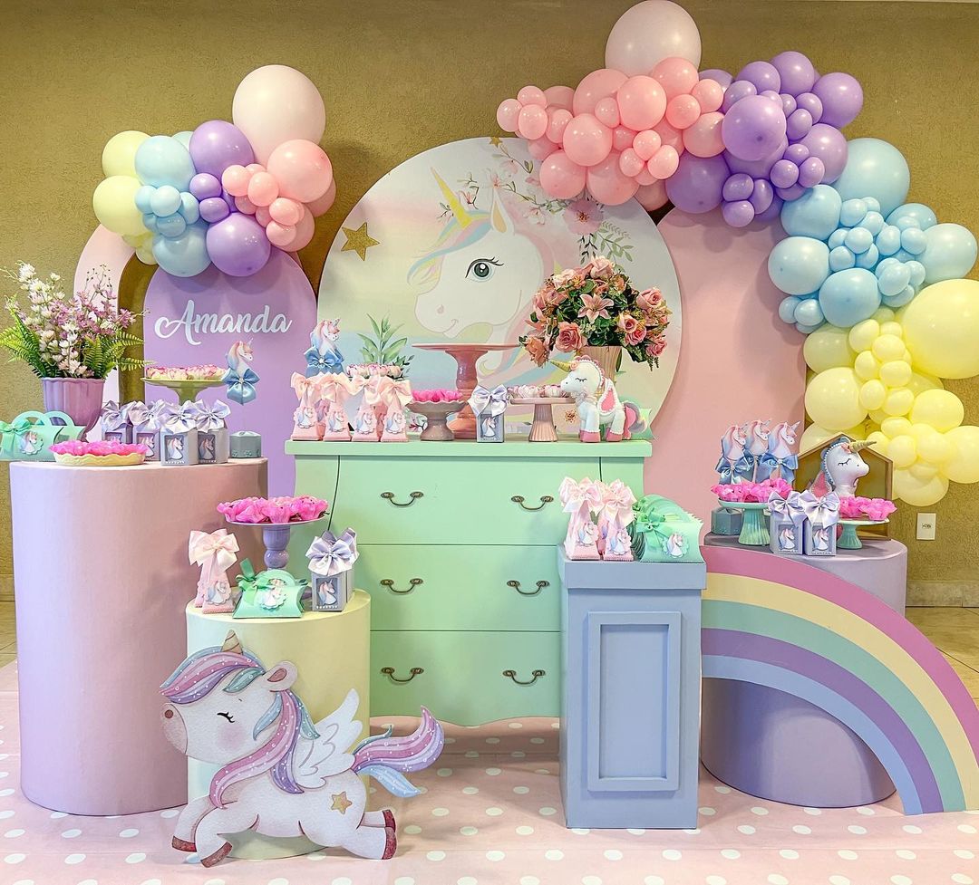 Mocsicka Rainbow Unicorn Happy Birthday Round cover and Cylinder Cover Kit for Party Decoration-Mocsicka Party