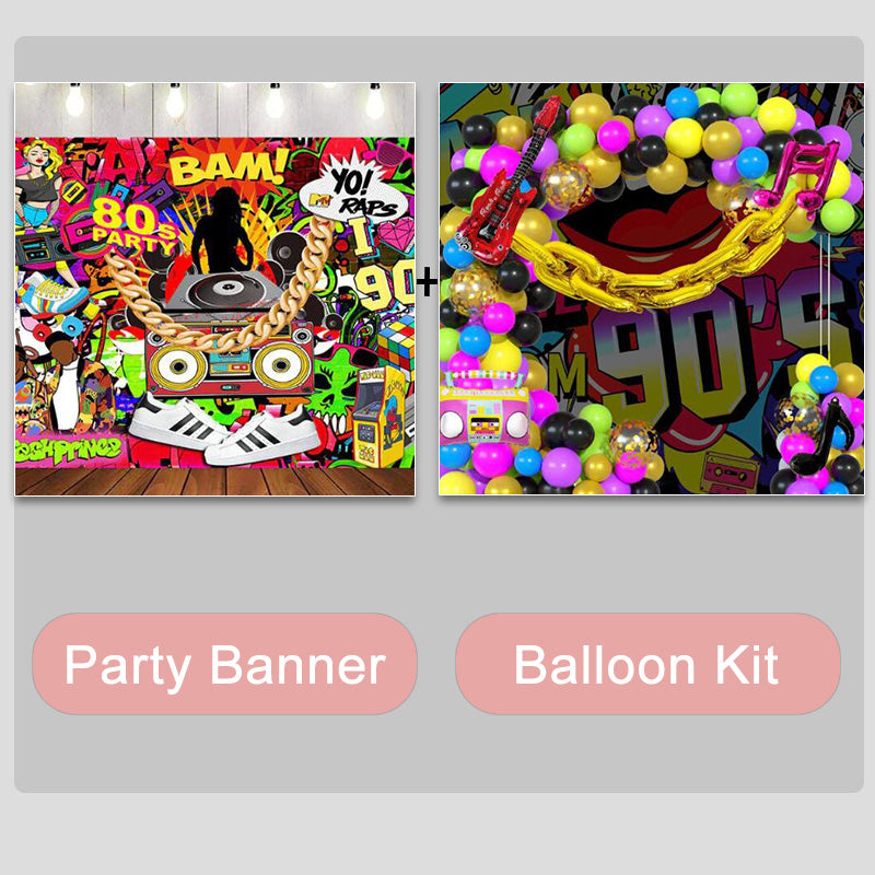 Mocsicka Back to 80s Party Backdrop Retro Radio Photo Banners and Balloon Kit-Mocsicka Party