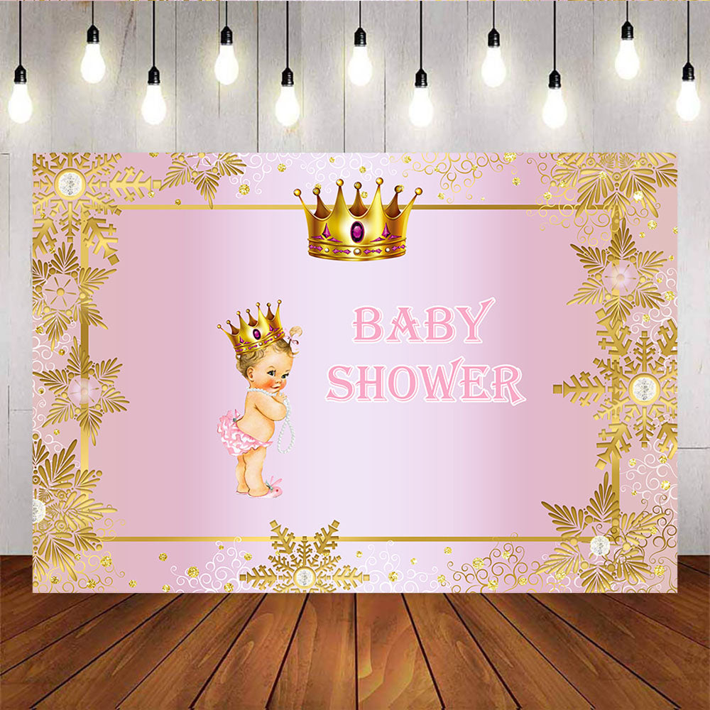 Mocsicka Golden Snowflake Pink Background Royal Princess Baby Shower Backdrop-Mocsicka Party