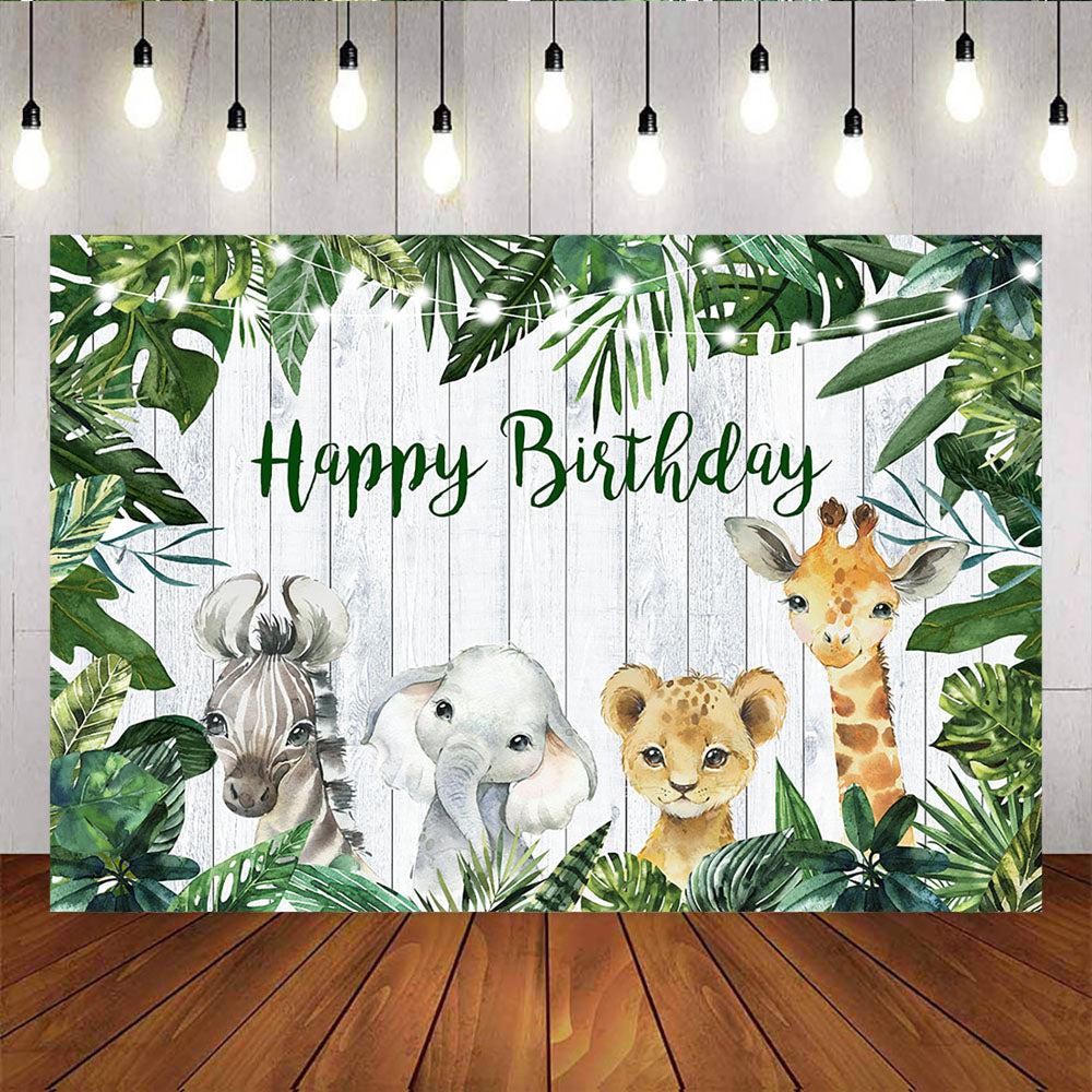 Mocsicka Plam Leaves Wooden Floor and Wild Animals Happy Birthday Backdrops-Mocsicka Party