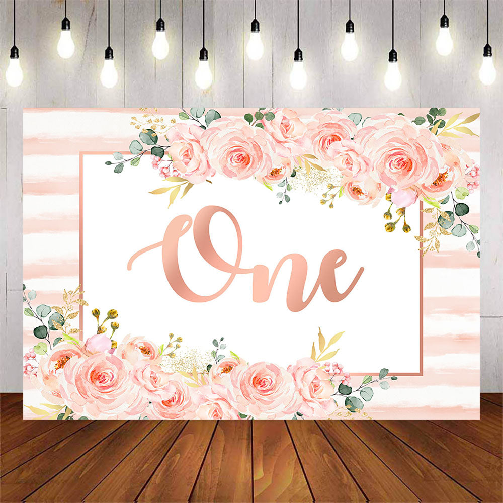 Mocsicka Pink Flowers and Stripes Happy First Birthday Party Decor-Mocsicka Party