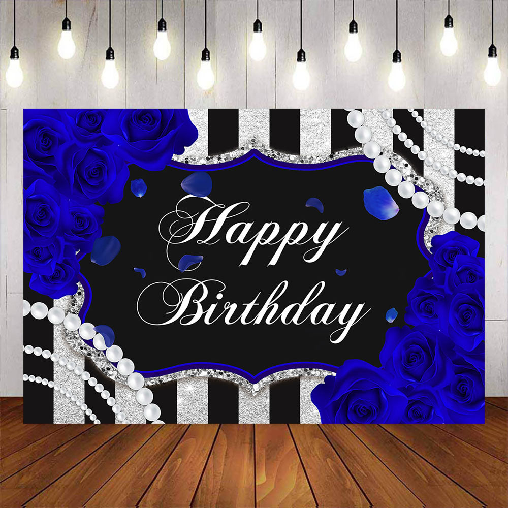 Mocsicka Stripes and Blue Rose Happy Birthday Party Backdrops-Mocsicka Party