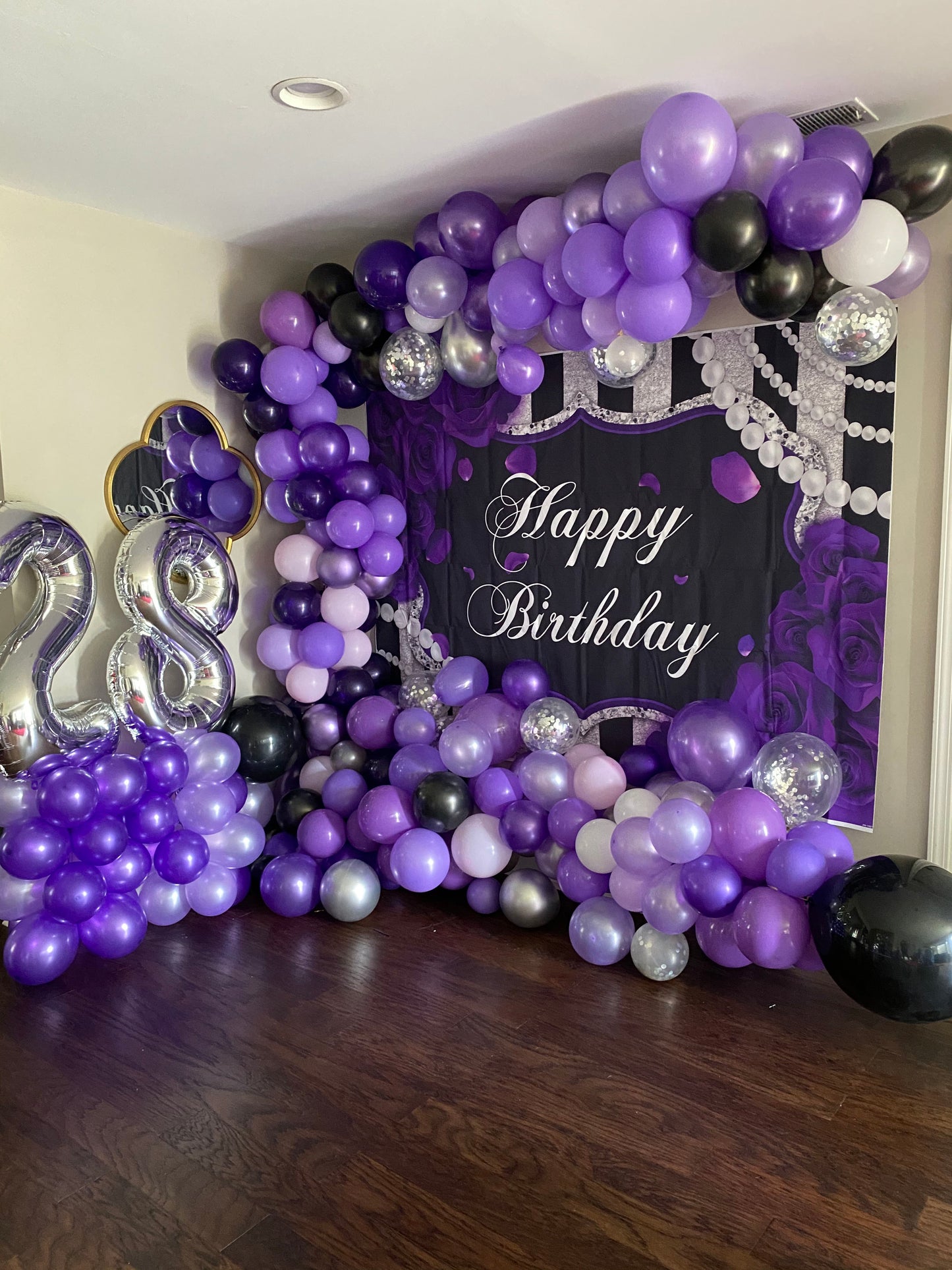 Mocsicka Stripes and Purple Rose Happy Birthday Party Decor