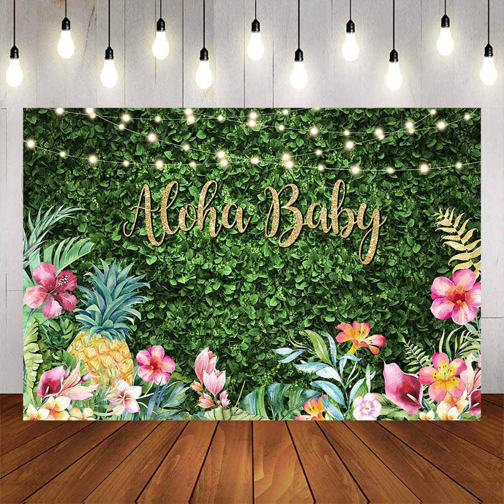 Mocsicka Hawaii Flowers Green Leaves Aloha Baby Shower Backdrop