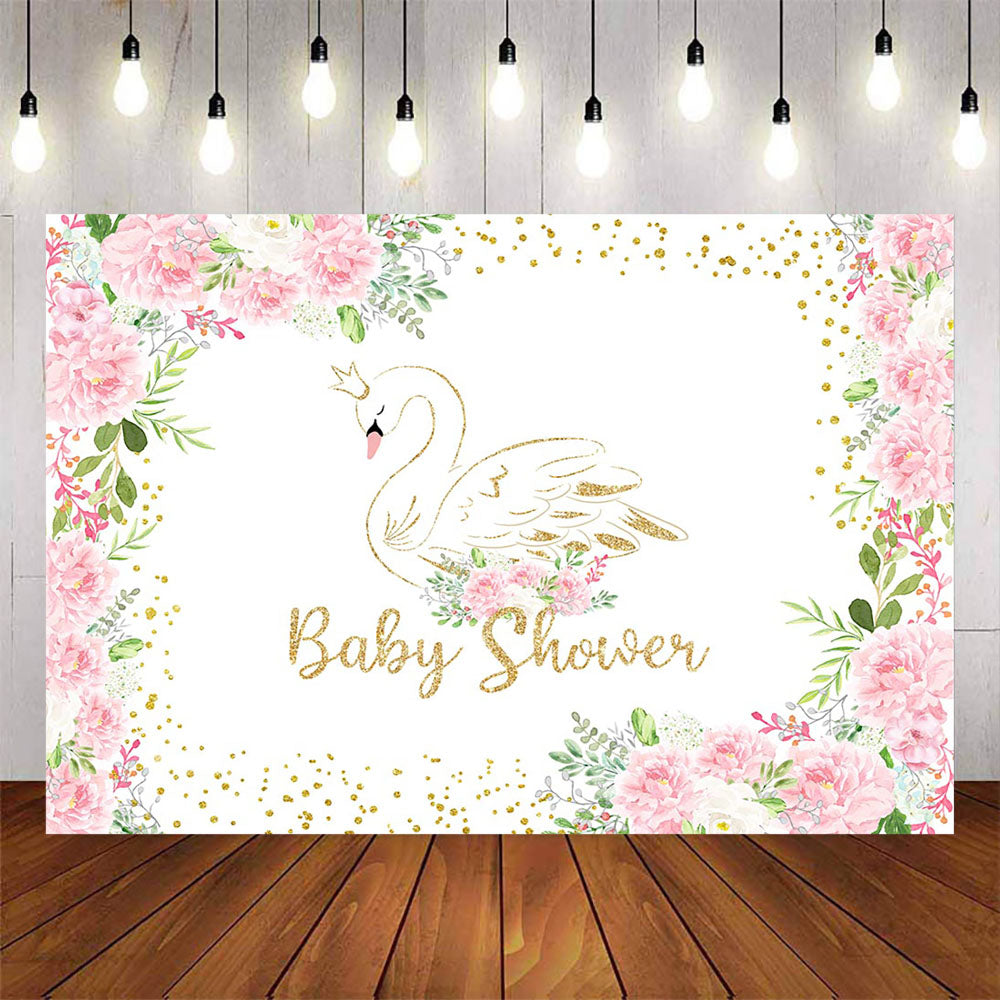 Mocsicka White Swan Pink Flowers Baby Shower Backdrop-Mocsicka Party