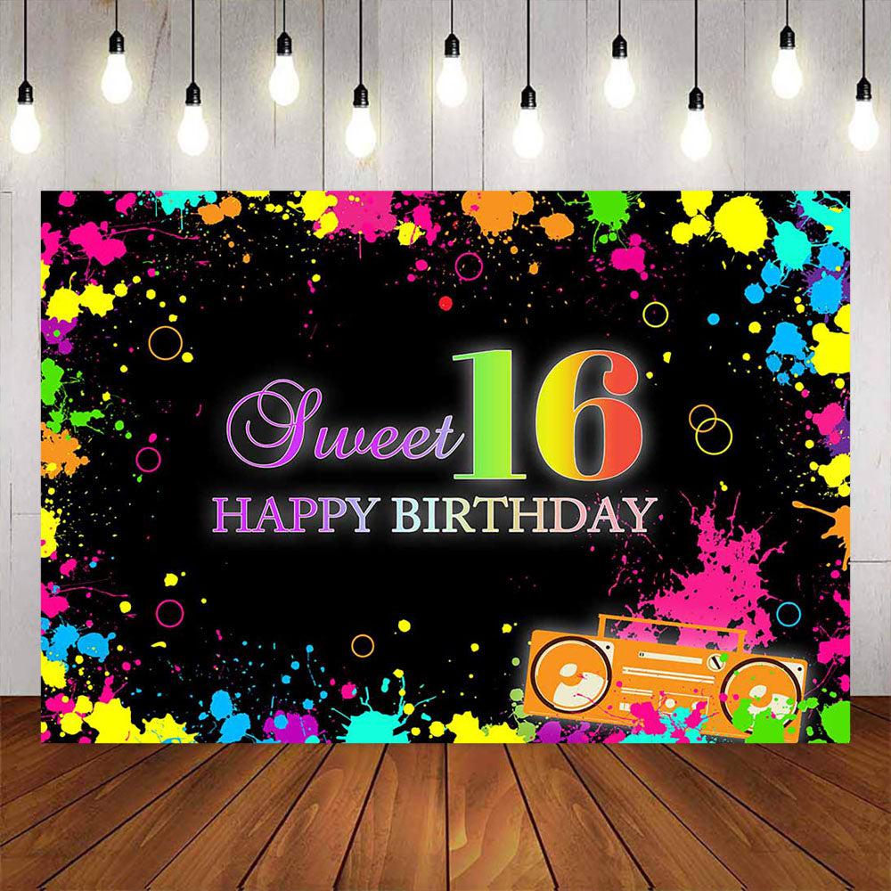 Mocsicka Splash Paint and Radio Sweet 16 Happy Birthday Backdrop