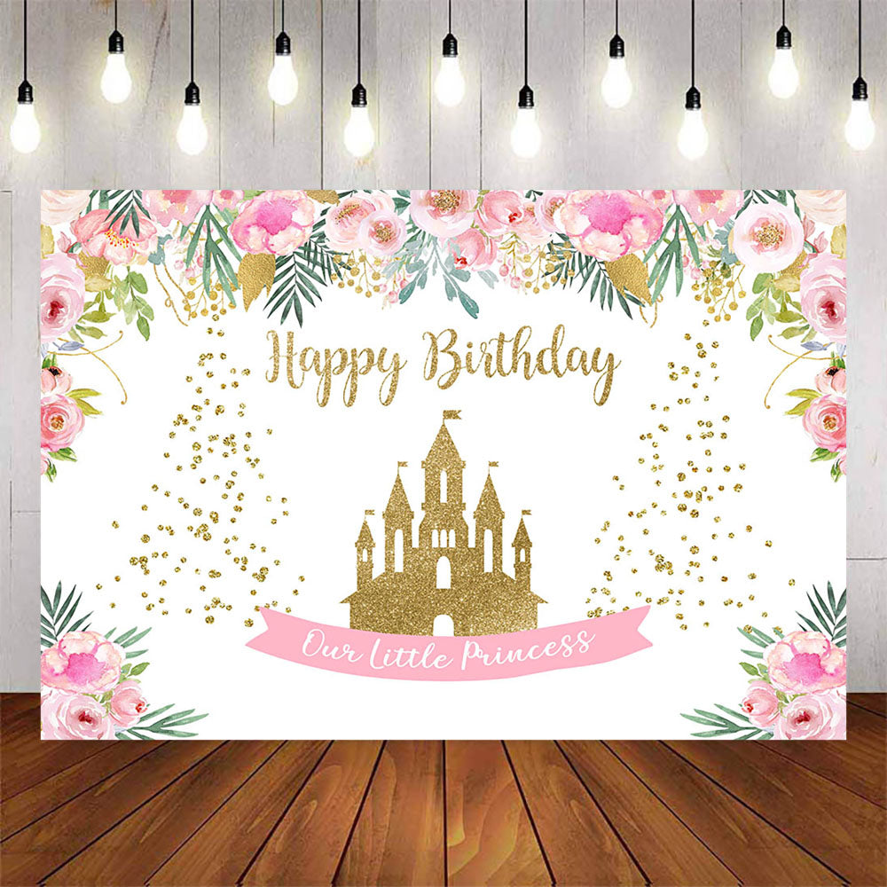 Mocsicka Golden Castle and Flowers Happy Birthday Backdrop-Mocsicka Party