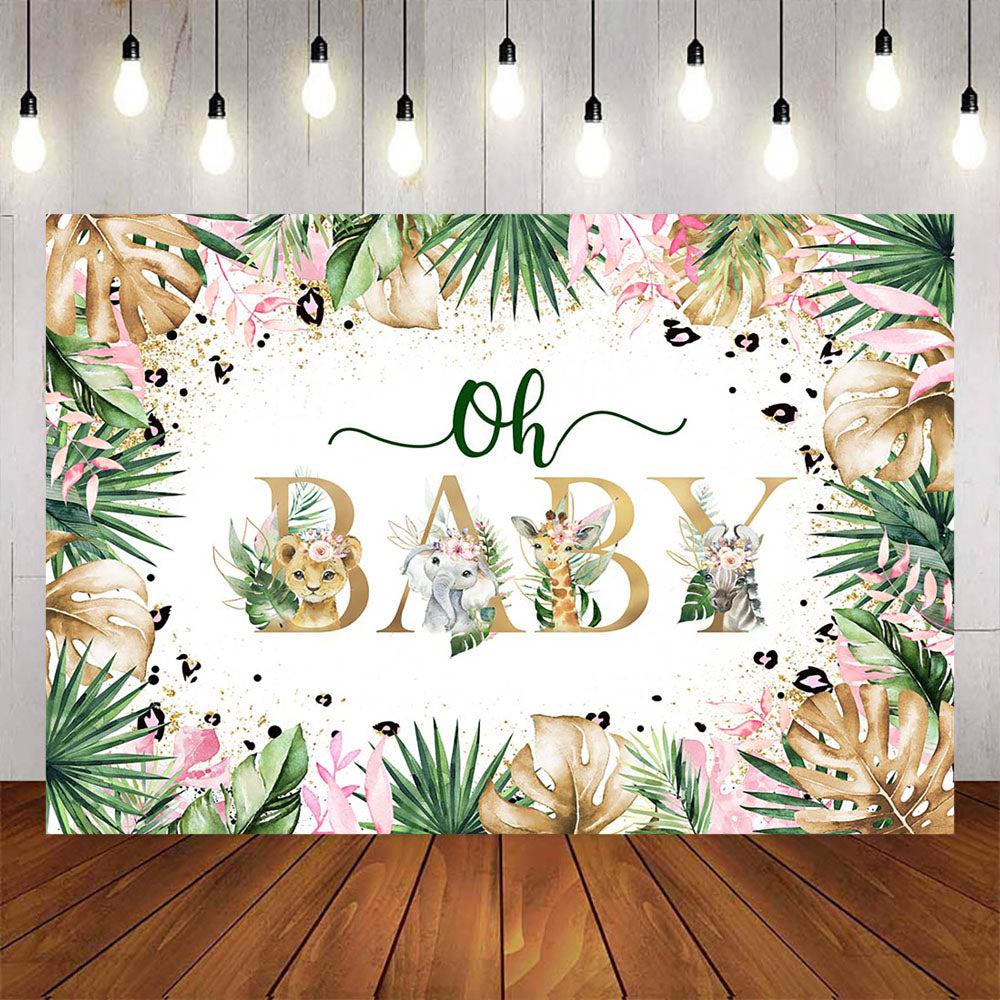 Mocsicka Gold Green and Pink Plam Leaves Wild Animals Oh Baby Shower Backdrop-Mocsicka Party
