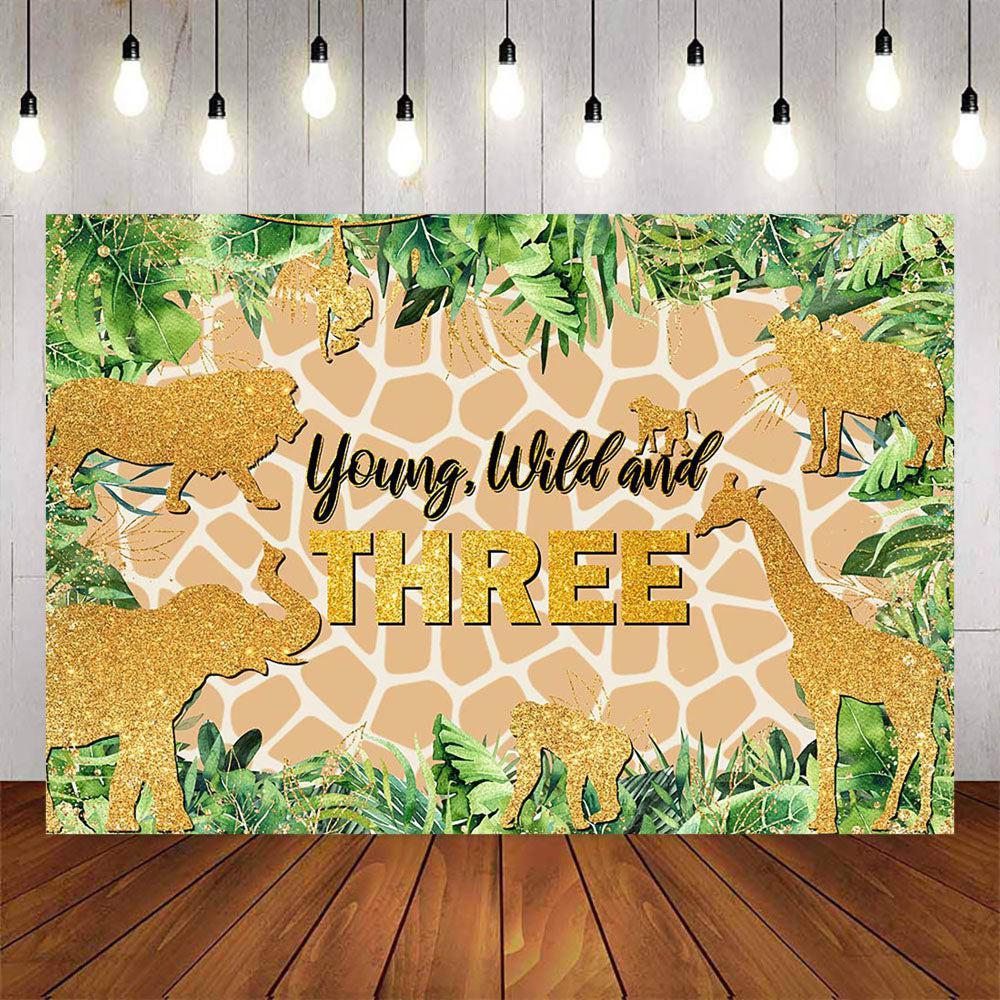 Mocsicka Gold Animals Plam Leaves Young Wild Three Birthday Backdrop-Mocsicka Party