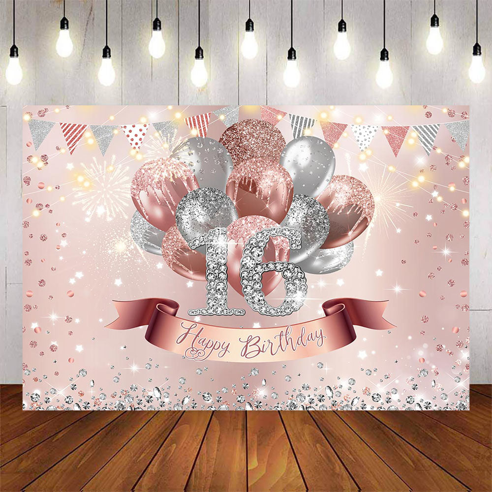 Mocsicka Rose Gold and Sliver Balloons Sweet 16 Birthday Backdrop-Mocsicka Party