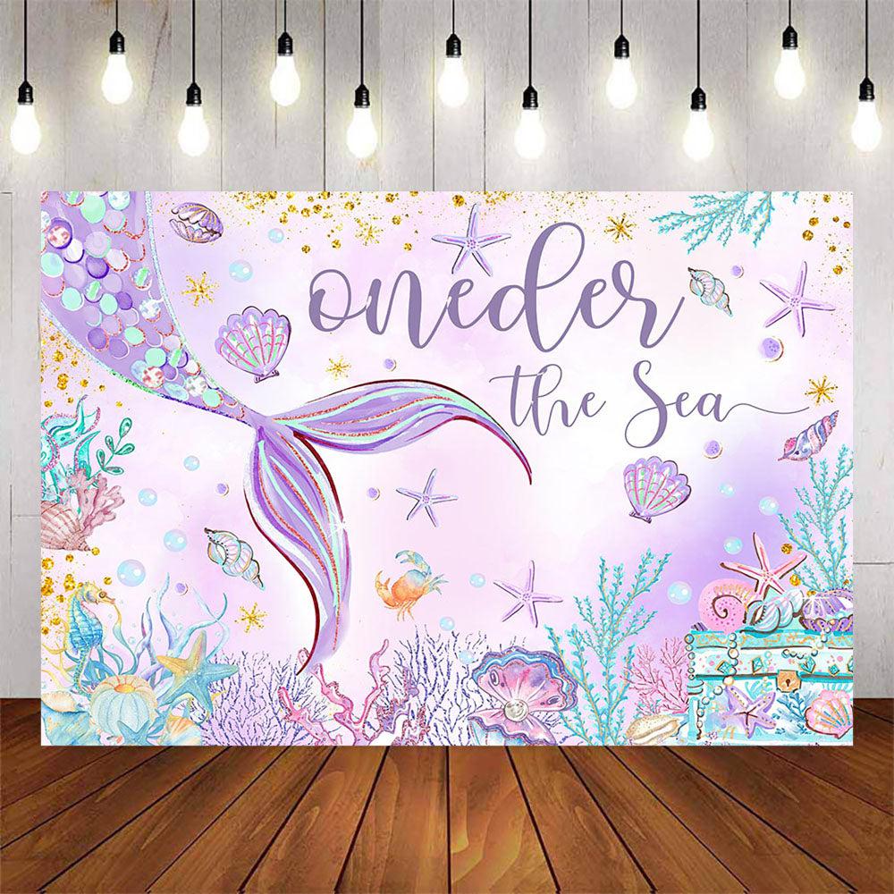 Mocsicka Undersea Purple Mermaid Happy Birthday Backdrop-Mocsicka Party