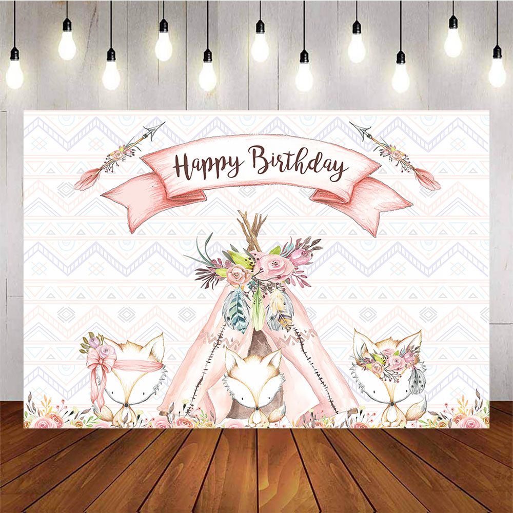 Mocsicka Happy Birthday Party Back Drop Pink Fox Woodland Photo Decor-Mocsicka Party