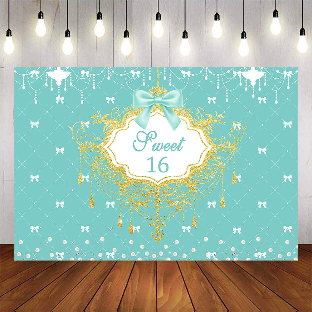 Mocsicka Sweet Sixteen Backdrop Pearls and Bows 16th Birthday Party Supplies-Mocsicka Party