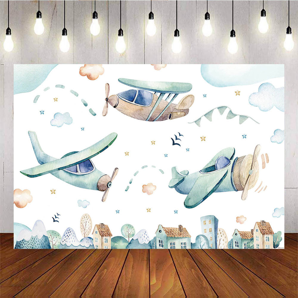 Mocsicka Adventure Theme Baby Shower Backdrop Aircraft Cityscape Photo Banners-Mocsicka Party
