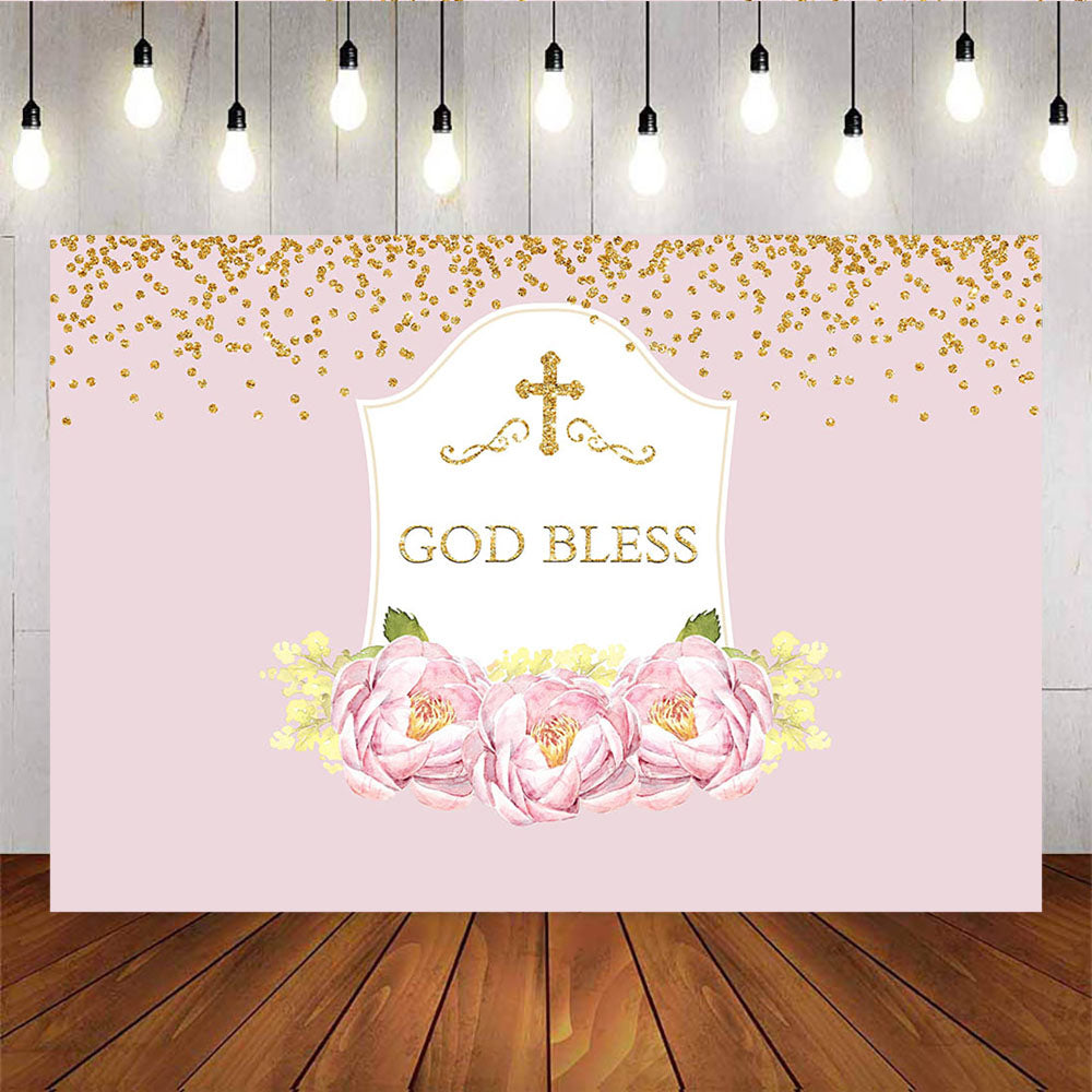 Mocsicka God Bless Baptism Baby Shower Backdrop Pink Flowers Photo Prop-Mocsicka Party