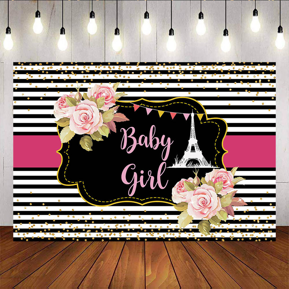 Mocsicka Eiffel Tower Baby Girl Birthday Backdrop Stripes Watercolor Flowers Background-Mocsicka Party