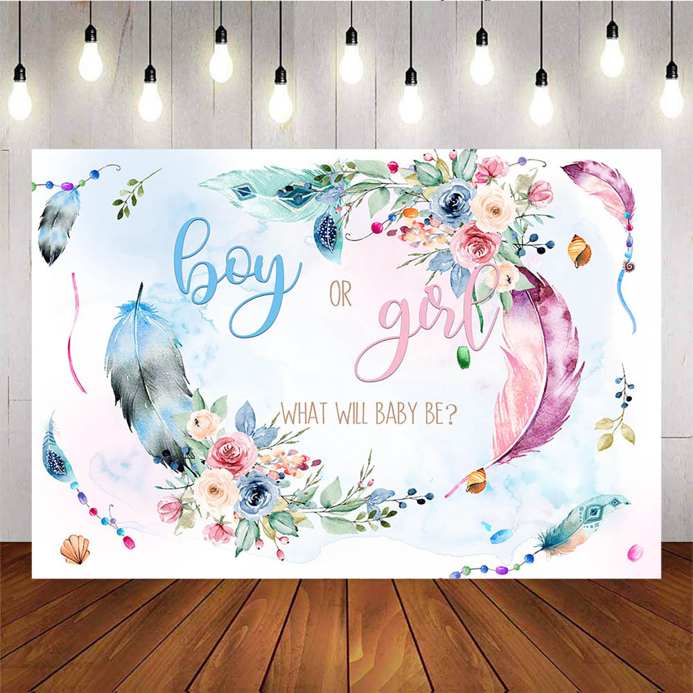 Mocsicka Boy or Girl Gender Reveal Back Drop Feather Flower Photo Backdrop-Mocsicka Party