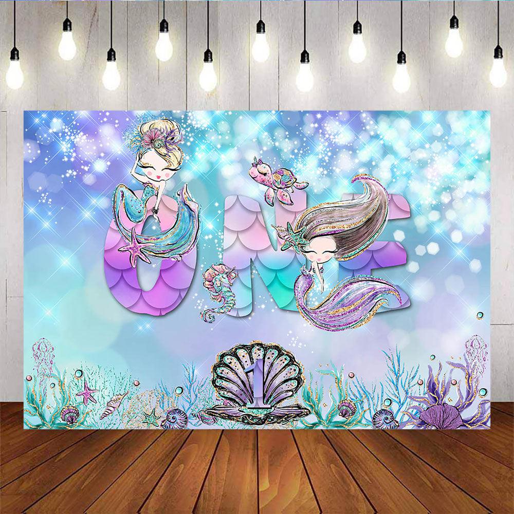 Mocsicka Little Mermaid 1st Birthday Backdrop Undersea Pearl Shell Photo Banners-Mocsicka Party