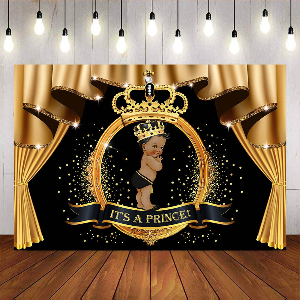 Mocsicka It's A Prince Baby Shower Backdrop Gold Curtain Black Background-Mocsicka Party