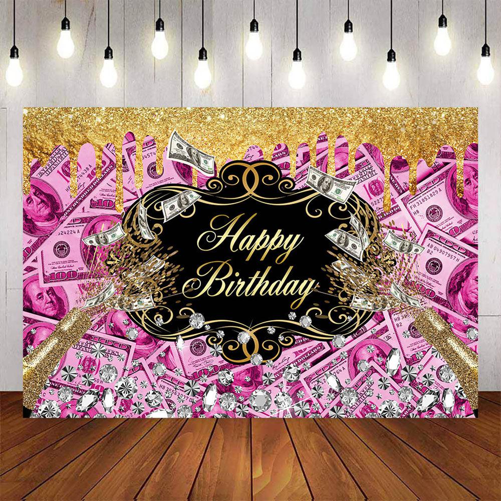 Mocsicka Champagne Diamonds and Dollars Happy Birthday Backdrop-Mocsicka Party
