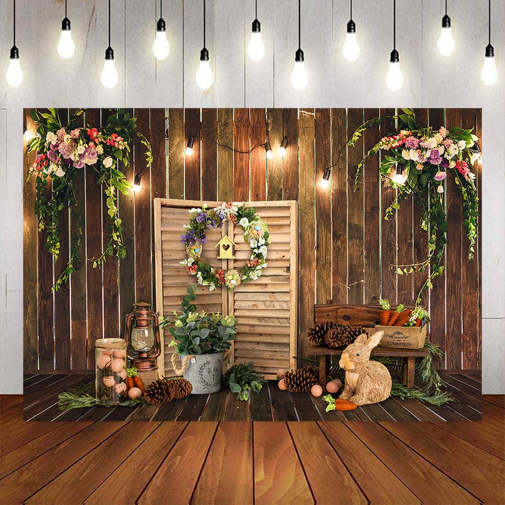 Mocsicka Wooden Floor and Rabbit Eggs Happy Easter Backdrop-Mocsicka Party