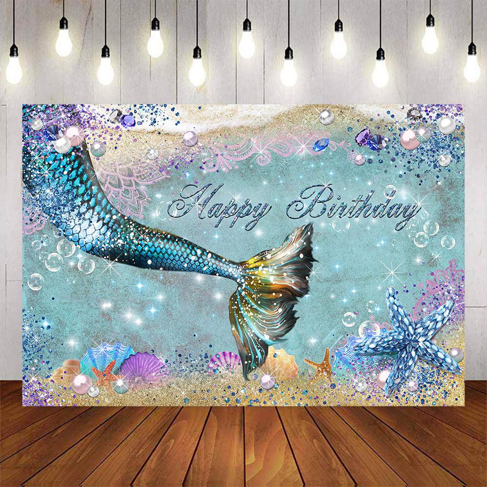 Mocsicka Undersea Blue Mermaid Happy Birthday Backdrop-Mocsicka Party