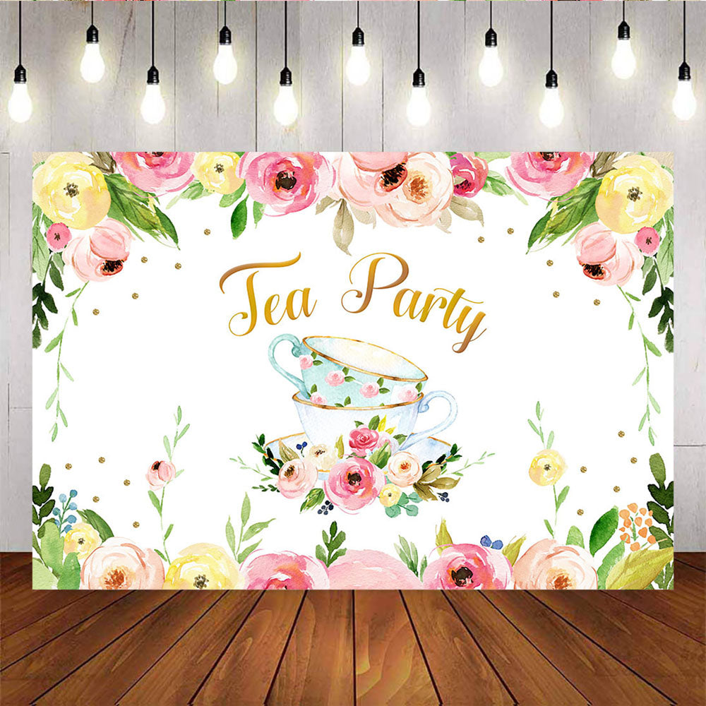 Mocsicka Tea Party Decorate Props Pink Rose Flowers Kettle Cup Photo Backdrop-Mocsicka Party