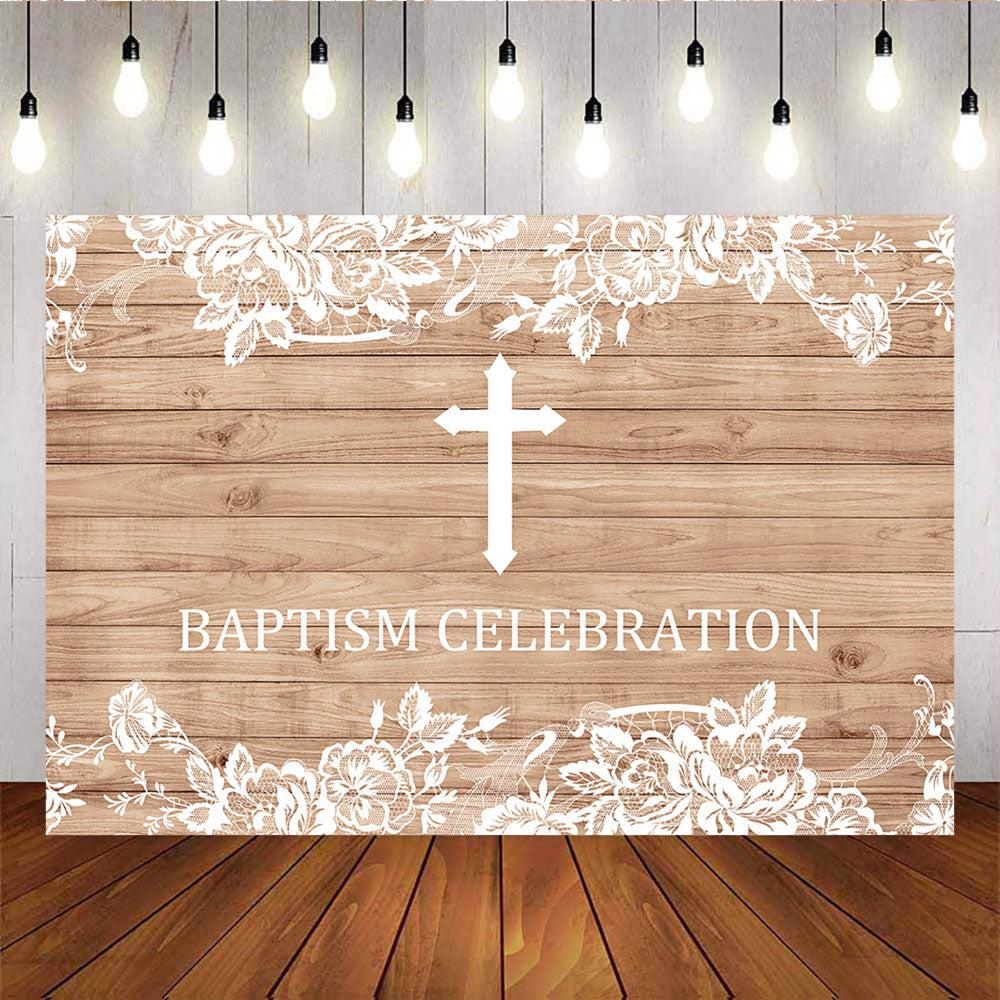 Mocsicka Baptism Celebration Backdrop Wooden Floor Lace Flowers and Cross Photo Background-Mocsicka Party