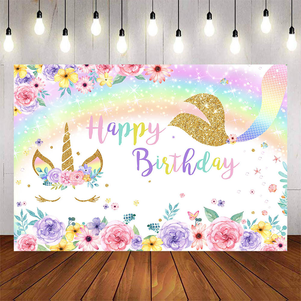 Mocsicka Mermaid and Unicorn Flowers Birthday Party Backdrops-Mocsicka Party