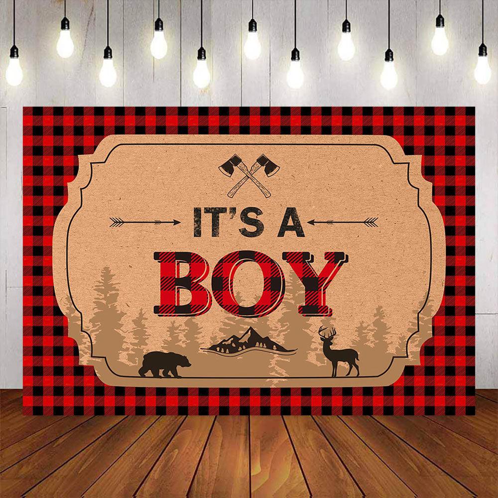 Mocsicka It's a Boy Red Plaid Baby Shower Backdrop-Mocsicka Party