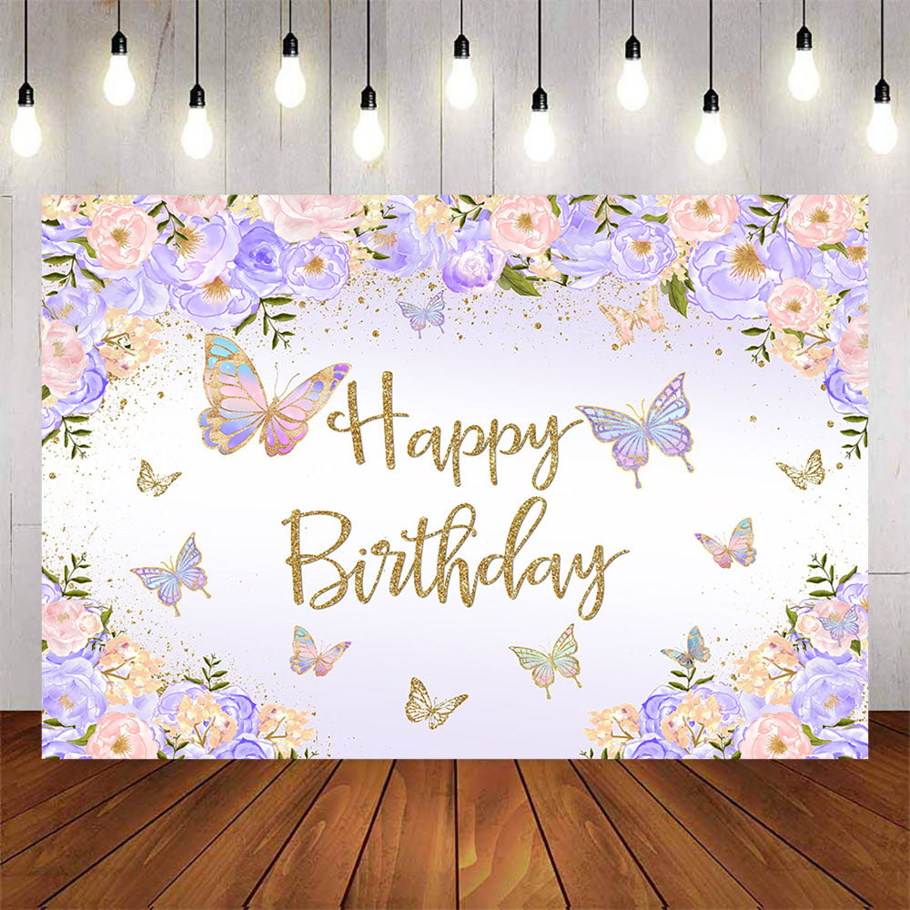 Mocsicka Pink Flowers and Butterfly Happy Birthday Backdrop-Mocsicka Party