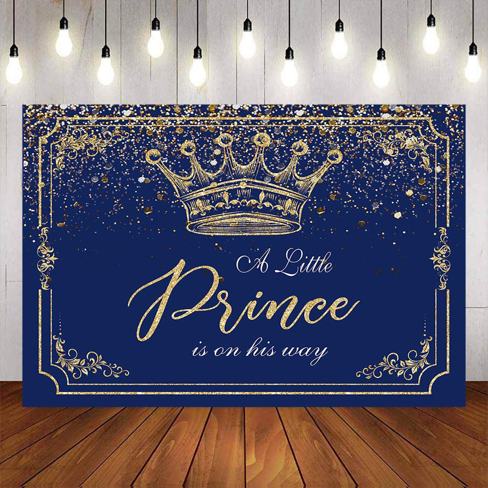 Mocsicka Royal Blue Golden Crown Baby Shower Backdrop-Mocsicka Party