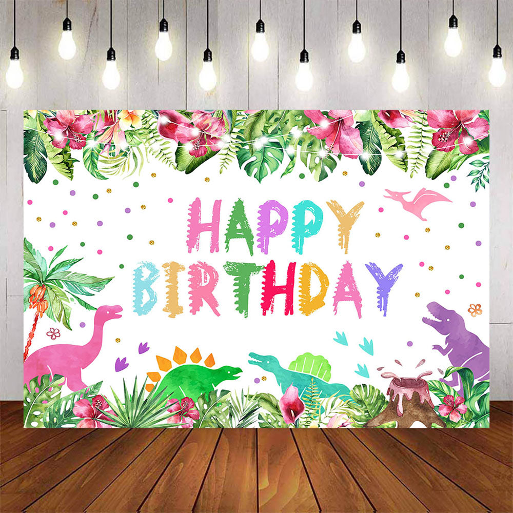 Mocsicka Plam Leaves and Jungle Dinosaurs Happy Birthday Backdrop-Mocsicka Party
