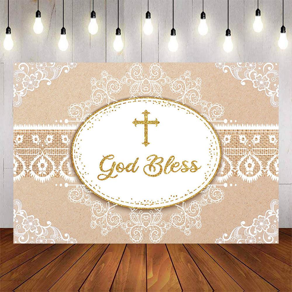 Mocsicka Lace and Gold Cross God Bless Baby Shower Backdrop-Mocsicka Party