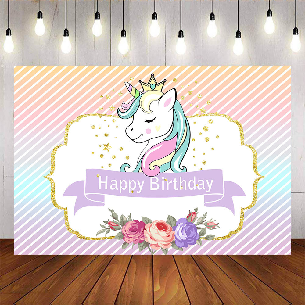 Mocsicka Unicorn Kids Birthday Party Backdrop Golden Dots Flowers Diagonal Stripes Background-Mocsicka Party