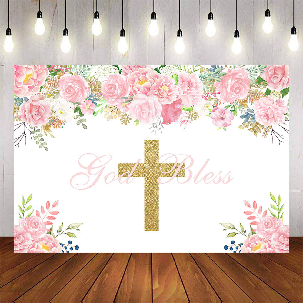 Mocsicka God Bless Gold Cross and Pink Flowers Baptism Backdrop-Mocsicka Party