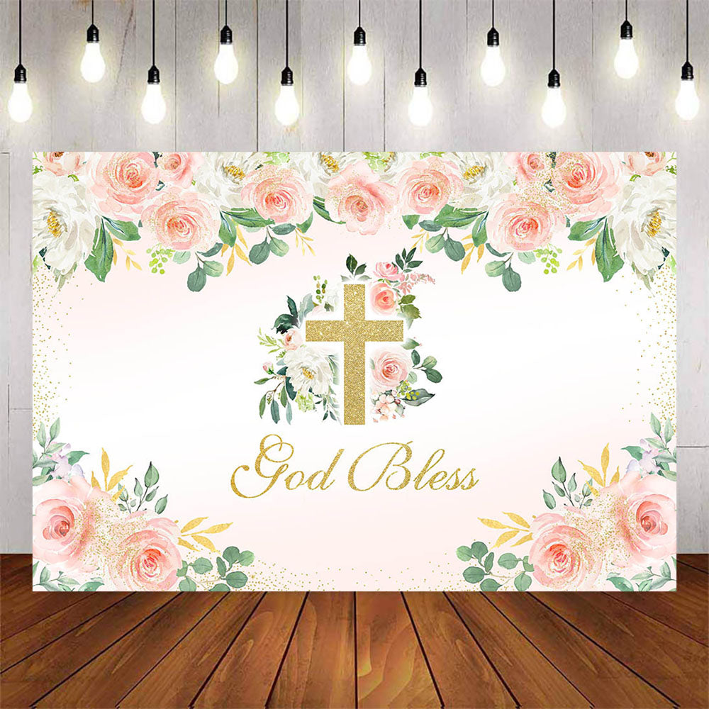 Mocsicka God Bless Pink Flowers Baptism Baby Shower Photo Backdrop-Mocsicka Party