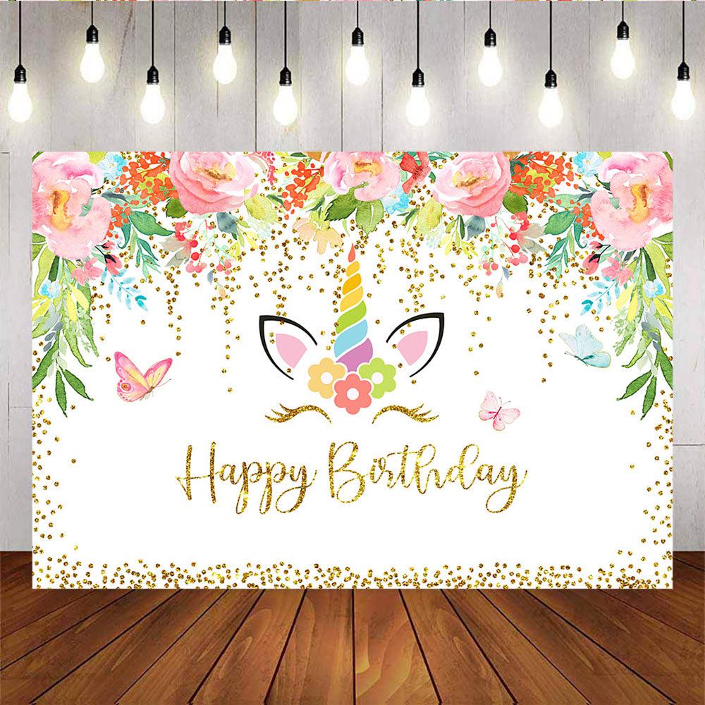 Mocsicka Flowers Unicorn Kids Birthday Party Decor Spring Floral Golden Dots Backdrops-Mocsicka Party