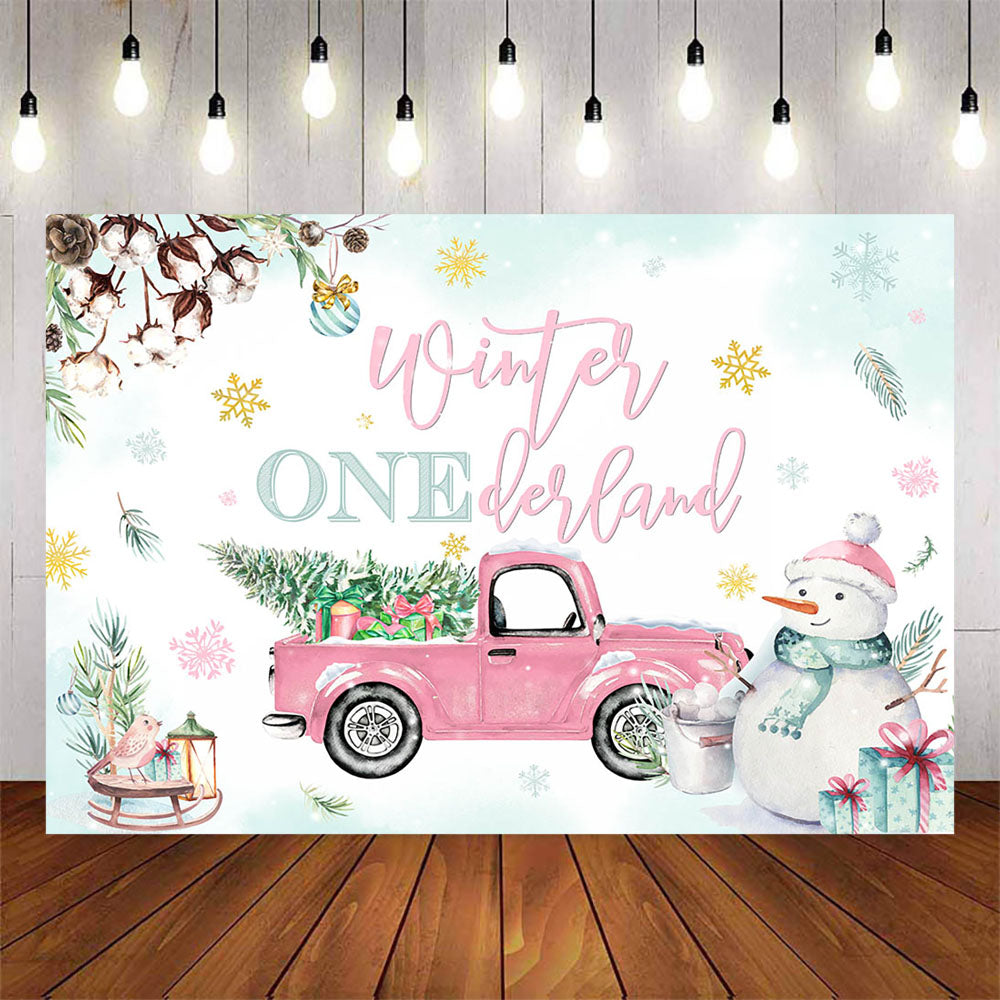 Mocsicka Pink Truck Snowman Happy Birthday Backdrop-Mocsicka Party
